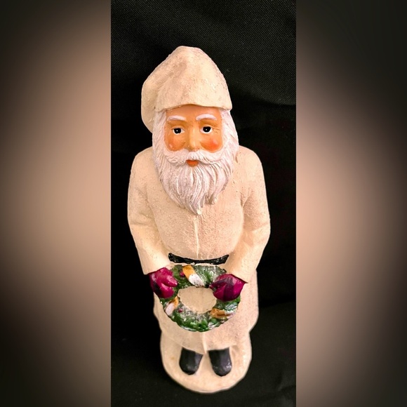Holiday Santa Figurine with Wreath Sparkling Snow Winter Christmas Gift White - Picture 1 of 17